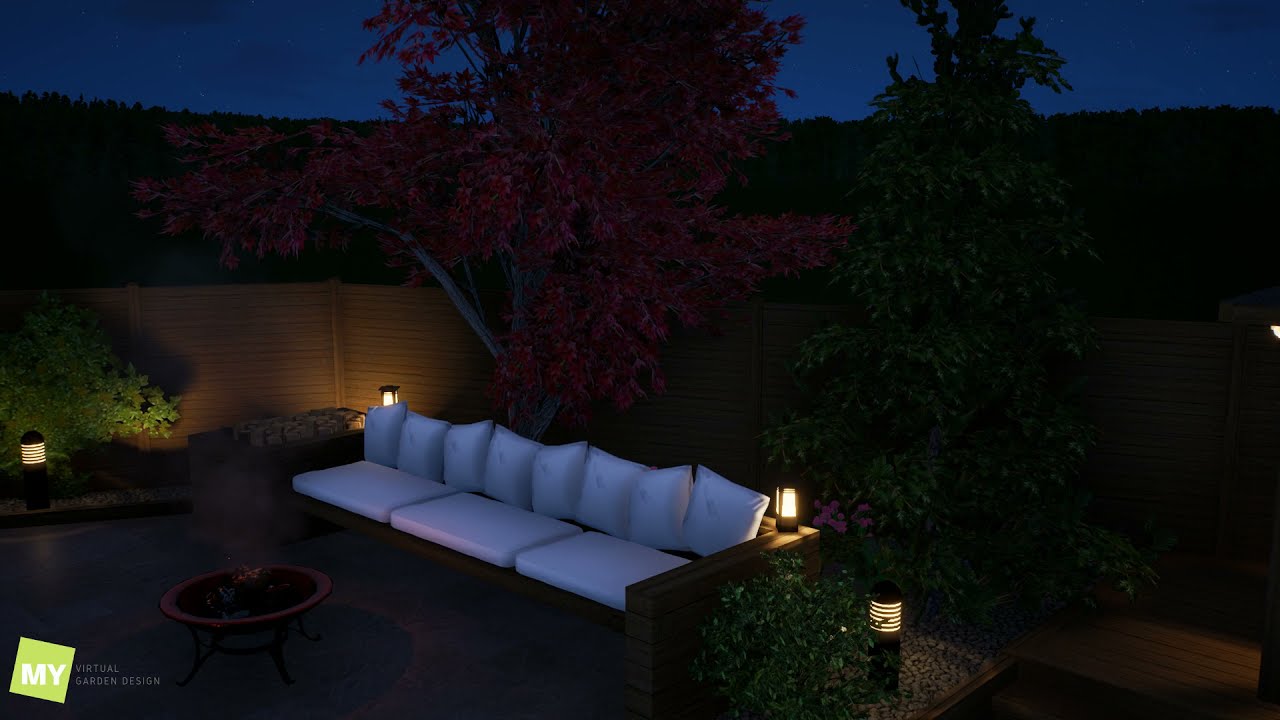 Virtually Designed Garden with Bench and Pillows by My Virtual Garden Design